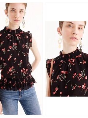J Crew Women’s Floral Ruffle Mock Neck Top Sz 4/S Flutter Sleeves Boho Sheer